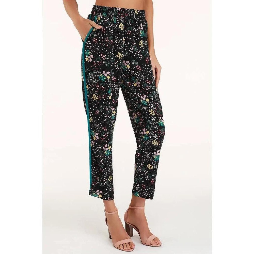 Lulus‎ Boho Blooms Black Floral Pants Teal Trim Pull On Elastic Waist USA Made S